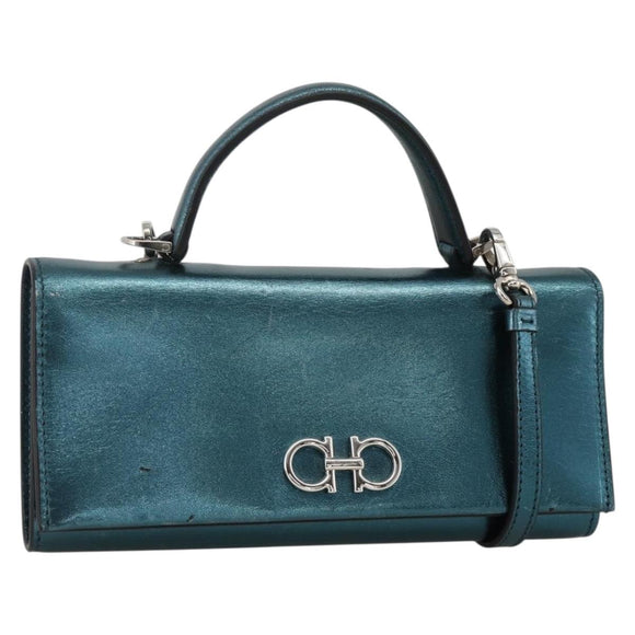 Salvatore Ferragamo Shoulder Wallet Leather 2way Light Blue Silver Auth 167210A