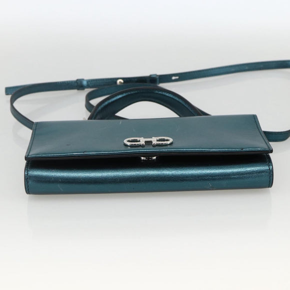 Salvatore Ferragamo Shoulder Wallet Leather 2way Light Blue Silver Auth 167210A