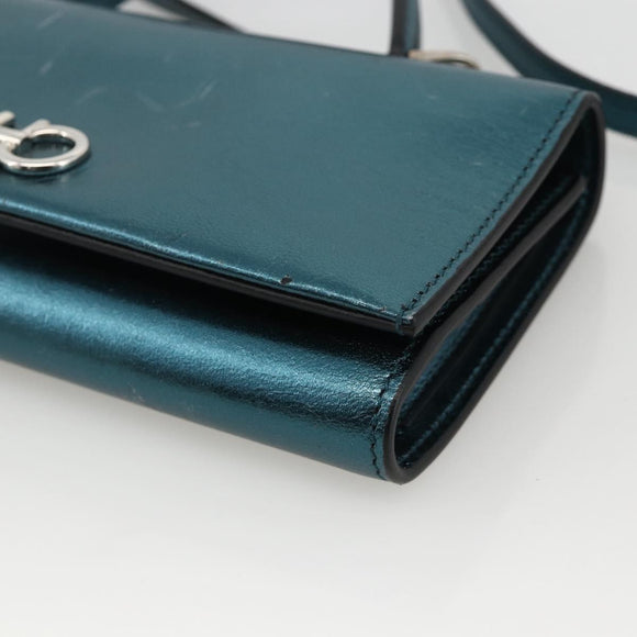Salvatore Ferragamo Shoulder Wallet Leather 2way Light Blue Silver Auth 167210A