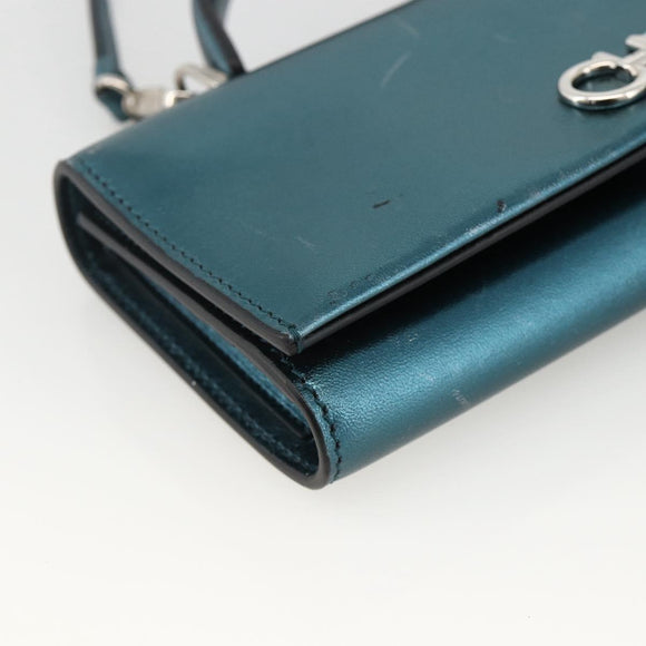 Salvatore Ferragamo Shoulder Wallet Leather 2way Light Blue Silver Auth 167210A
