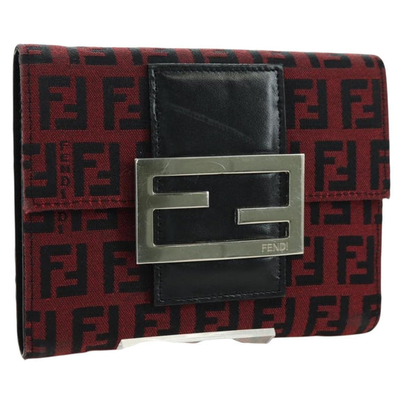 FENDI Zucchino Canvas Bifold Wallet Red Silver Auth 167310A