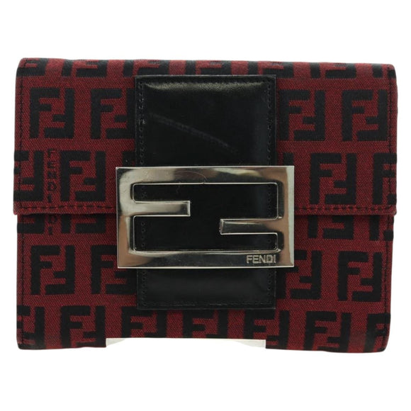 FENDI Zucchino Canvas Bifold Wallet Red Silver Auth 167310A