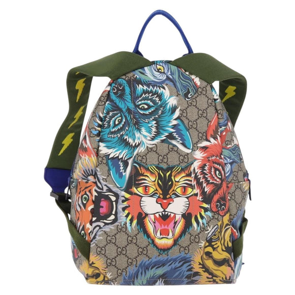 GUCCI GG Supreme Animal Print Backpack PVC Beige Silver 271327 Auth 167427SM