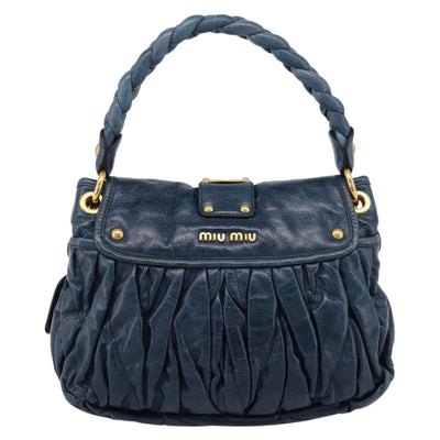Miu Miu Matelasse Hobo Hand Bag Leather Blue Gold Tone Auth 167573V - 0
