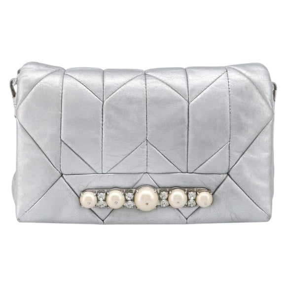 Miu Miu Shoulder Bag Leather Silver Auth 167579A