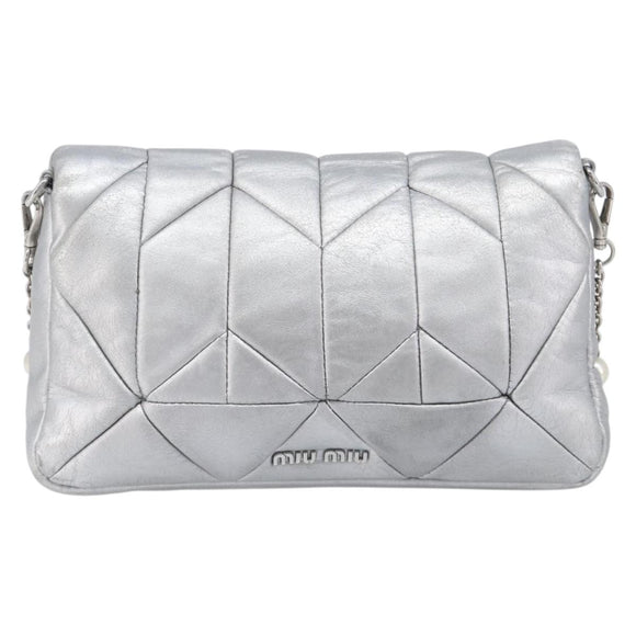 Miu Miu Shoulder Bag Leather Silver Auth 167579A