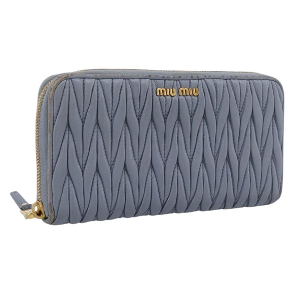 Miu Miu Matelasse Long Wallet Leather Light Blue Gold Tone Auth 167582A