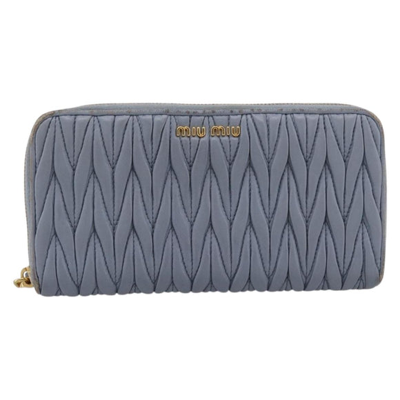 Miu Miu Matelasse Long Wallet Leather Light Blue Gold Tone Auth 167582A