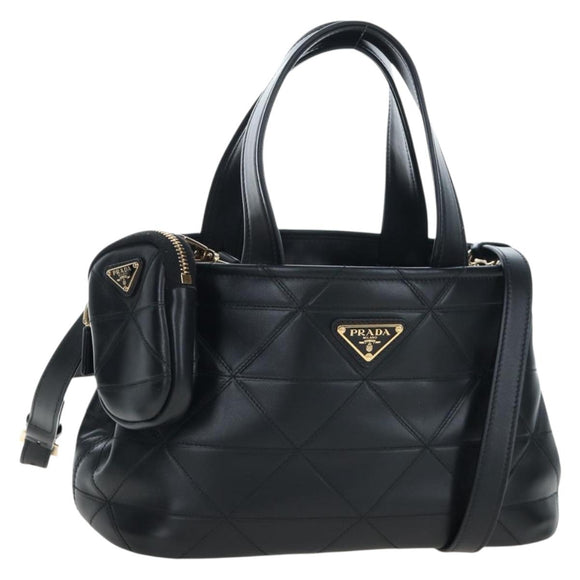 PRADA Hand Bag Leather 2way Black Gold Tone Auth 167607SM