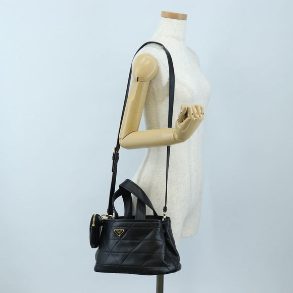 PRADA Hand Bag Leather 2way Black Gold Tone Auth 167607SM