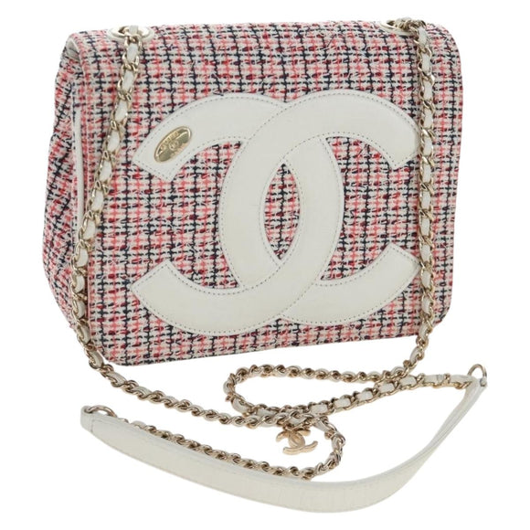 CHANEL Flap Pouch Chain Shoulder Bag Tweed Red Gold Tone CC Auth 167617SM