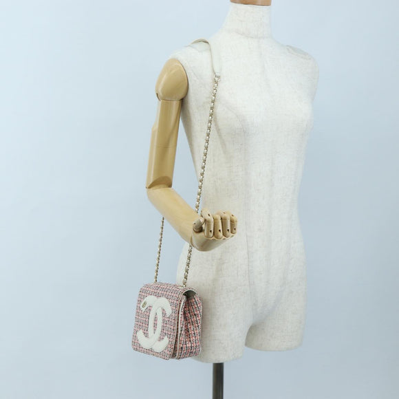 CHANEL Flap Pouch Chain Shoulder Bag Tweed Red Gold Tone CC Auth 167617SM