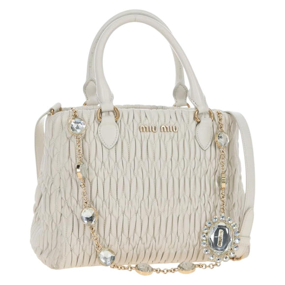 Miu Miu Matelasse Nappa Crystal Hand Bag Leather 2way White Gold Auth 167631M