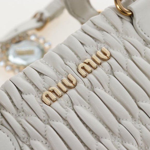 Miu Miu Matelasse Nappa Crystal Hand Bag Leather 2way White Gold Auth 167631M