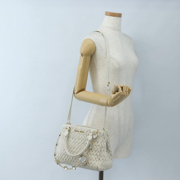 Miu Miu Matelasse Nappa Crystal Hand Bag Leather 2way White Gold Auth 167631M