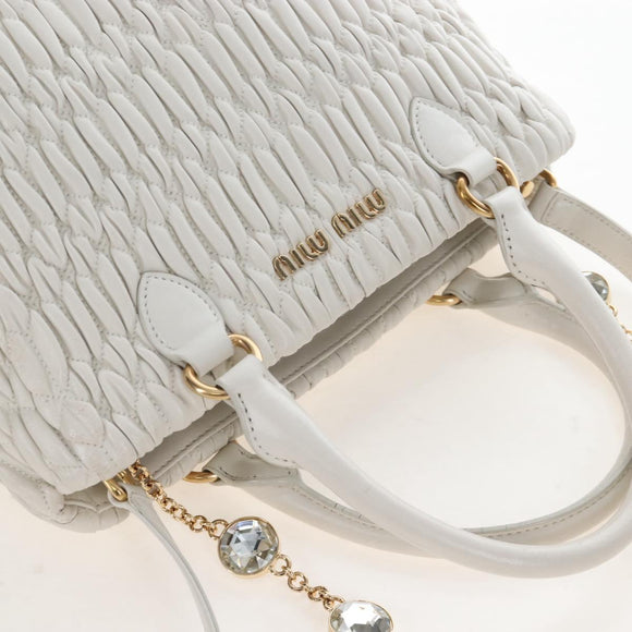 Miu Miu Matelasse Nappa Crystal Hand Bag Leather 2way White Gold Auth 167631M