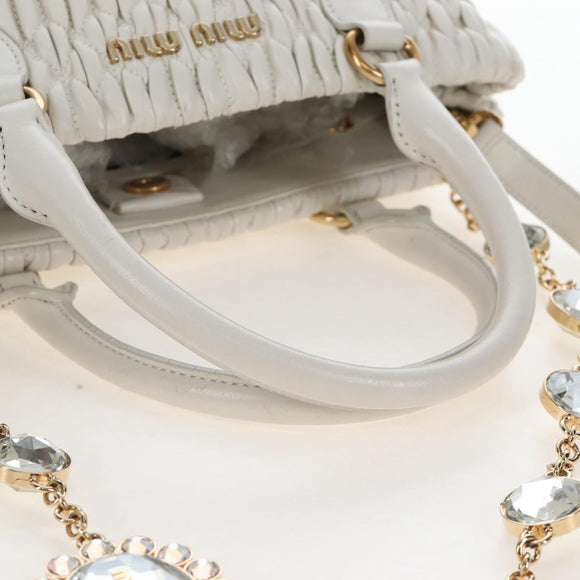 Miu Miu Matelasse Nappa Crystal Hand Bag Leather 2way White Gold Auth 167631M