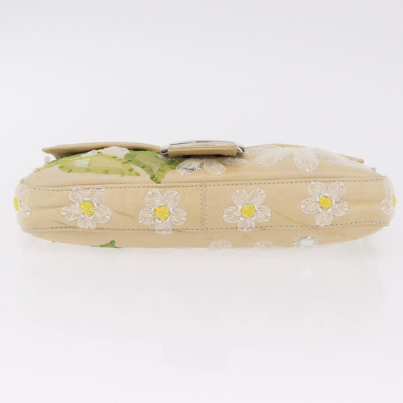 FENDI Flower Mamma Baguette Shoulder Bag Leather Beige Silver Auth 167634SAM
