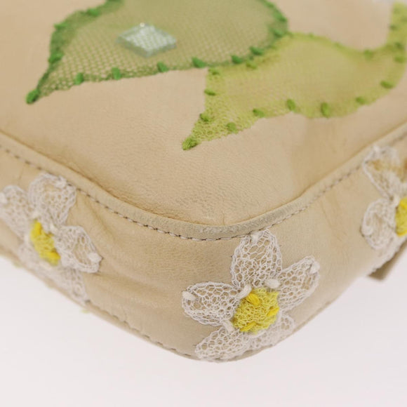 FENDI Flower Mamma Baguette Shoulder Bag Leather Beige Silver Auth 167634SAM