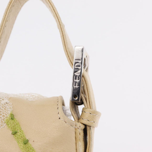 FENDI Flower Mamma Baguette Shoulder Bag Leather Beige Silver Auth 167634SAM