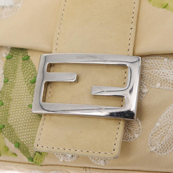 FENDI Flower Mamma Baguette Shoulder Bag Leather Beige Silver Auth 167634SAM