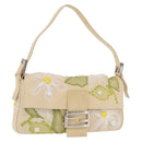 FENDI Flower Mamma Baguette Shoulder Bag Leather Beige Silver Auth 167634SAM-1