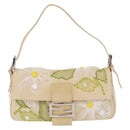 FENDI Flower Mamma Baguette Shoulder Bag Leather Beige Silver Auth 167634SAM-13