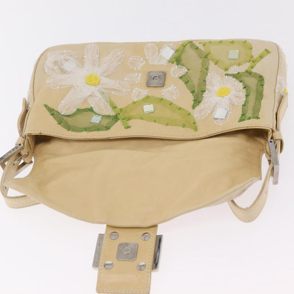 FENDI Flower Mamma Baguette Shoulder Bag Leather Beige Silver Auth 167634SAM