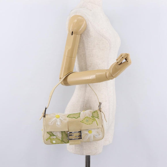 FENDI Flower Mamma Baguette Shoulder Bag Leather Beige Silver Auth 167634SAM
