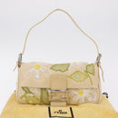 FENDI Flower Mamma Baguette Shoulder Bag Leather Beige Silver Auth 167634SAM-12
