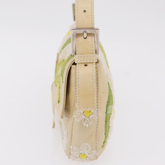 FENDI Flower Mamma Baguette Shoulder Bag Leather Beige Silver Auth 167634SAM