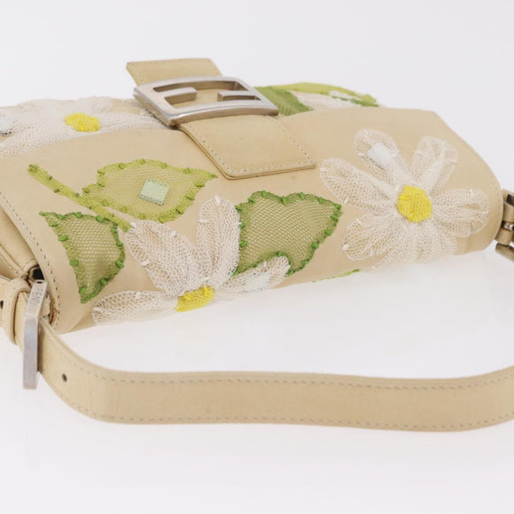 FENDI Flower Mamma Baguette Shoulder Bag Leather Beige Silver Auth 167634SAM