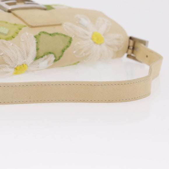 FENDI Flower Mamma Baguette Shoulder Bag Leather Beige Silver Auth 167634SAM