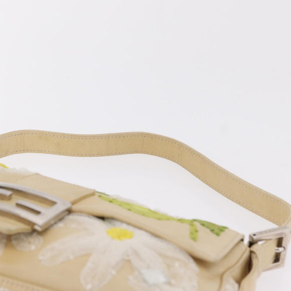 FENDI Flower Mamma Baguette Shoulder Bag Leather Beige Silver Auth 167634SAM