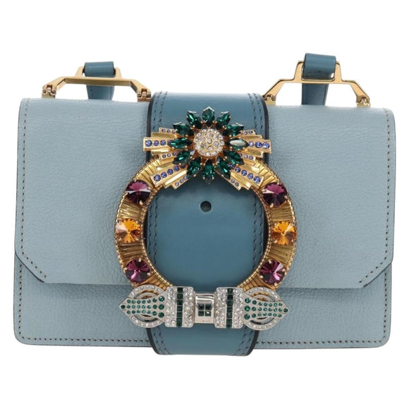 Miu Miu Mew Lady Shoulder Bag Leather Light Blue Gold Auth 167635M