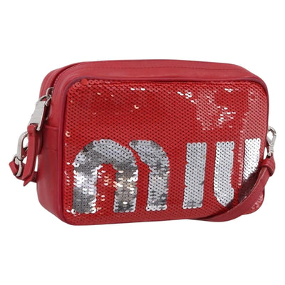Miu Miu Shoulder Bag Leather Sequins Red Silver Auth 167643A