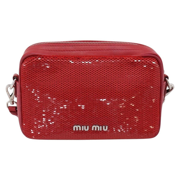 Miu Miu Shoulder Bag Leather Sequins Red Silver Auth 167643A