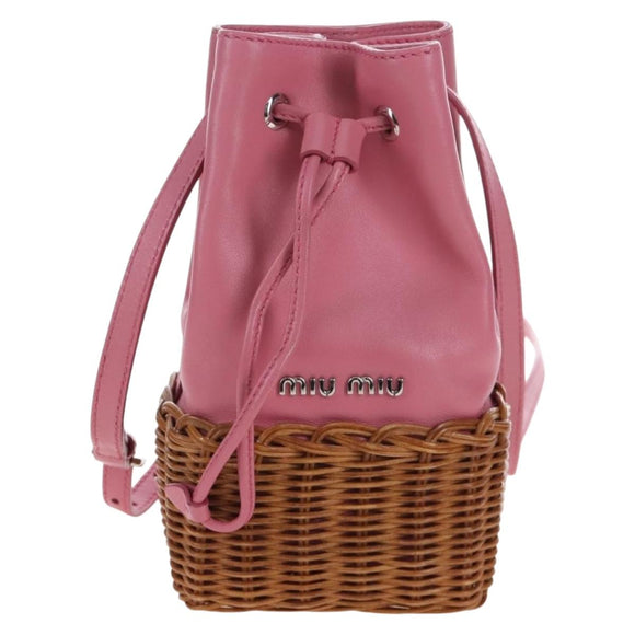 Miu Miu Shoulder Bag Raffia Leather Pink Silver Auth 167646M