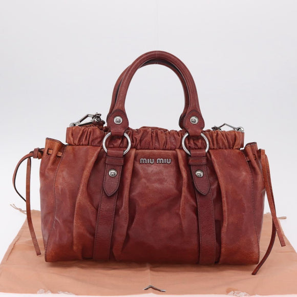 Miu Miu Hand Bag Leather 2way Brown Silver Auth 167652M
