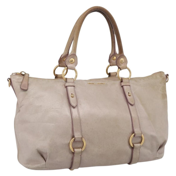 Miu Miu Hand Bag Leather Beige Gold Tone Auth 167653