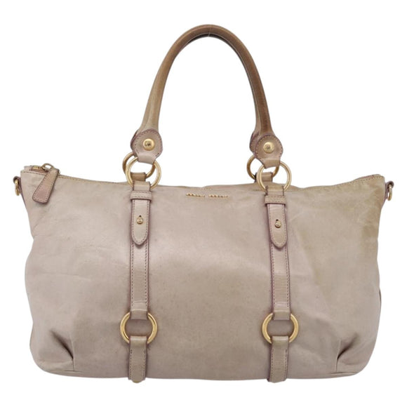 Miu Miu Hand Bag Leather Beige Gold Tone Auth 167653