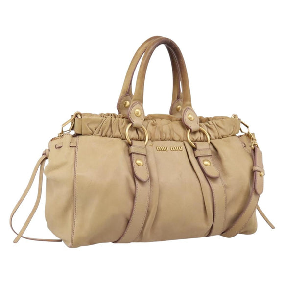 Miu Miu Hand Bag Leather 2way Beige Gold Auth 167656M