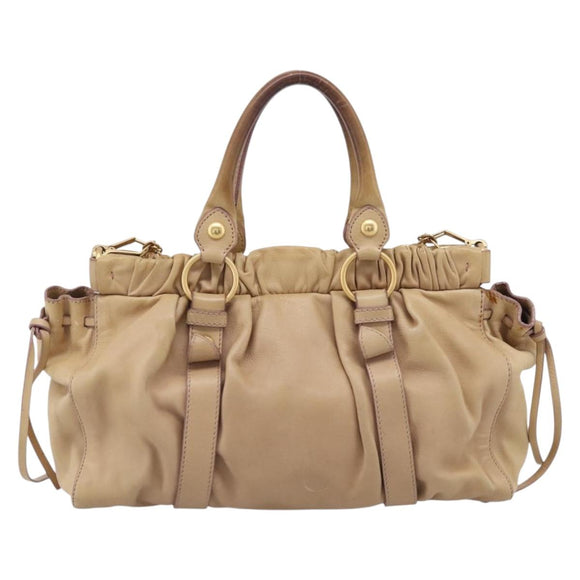 Miu Miu Hand Bag Leather 2way Beige Gold Auth 167656M