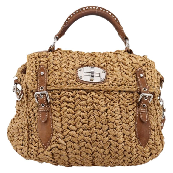 Miu Miu Hand Bag Raffia 2way Brown Silver Auth 167658M