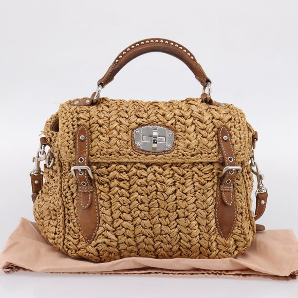 Miu Miu Hand Bag Raffia 2way Brown Silver Auth 167658M