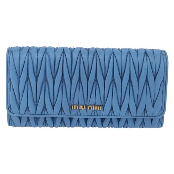 Miu Miu Matelasse Long Wallet Leather Blue Gold Auth 167673M