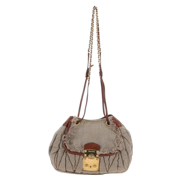 Miu Miu Shoulder Bag Linen Beige Gold Auth 167687M