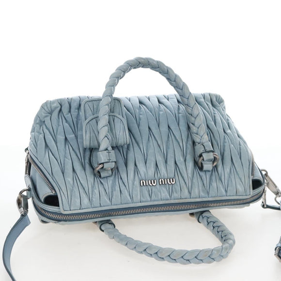 Miu Miu Matelasse Hand Bag Leather 2way Light Blue Silver Auth 167715M