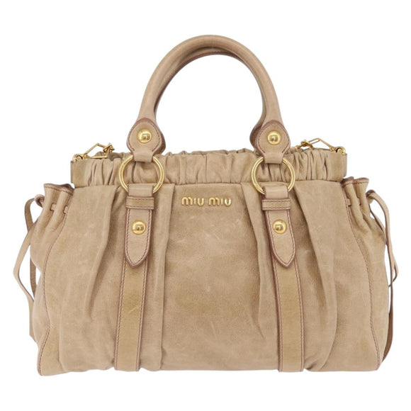 Miu Miu Hand Bag Leather 2way Beige Gold Auth 167721M