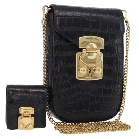 Miu Miu Phone Shoulder Bag Leather Black Gold Auth 167733A